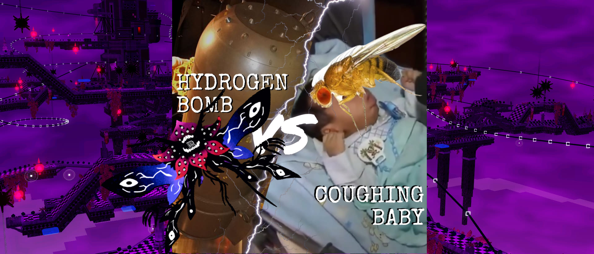 hydrogen bomb vs coughing baby meme: a Nullscape monster against a fruit fly